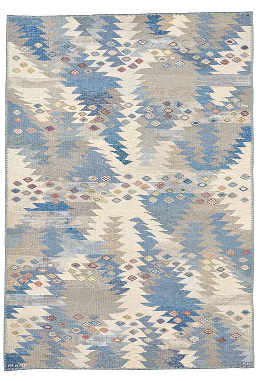 Barbro Nilsson, A CARPET, "Tånga, ljus, blå, grå", flat weave, ca 302 x 206,5 cm, signed AB MMF BN.