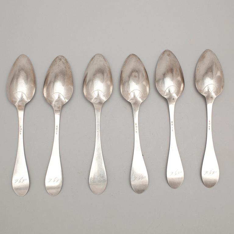 MATSKEDAR, 6 st, silver, Carl Gustaf Åberg, Arboga, 1857. Vikt ca 372 gram.