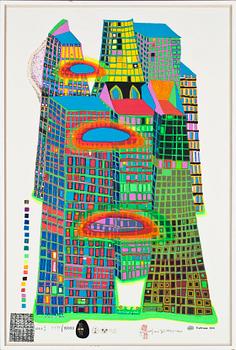 Friedensreich Hundertwasser · FRIEDENSREICH HUNDERTWASSER, färgserigrafi med metallprägling, sign o numr 5575/10 000, dat 1969-70.