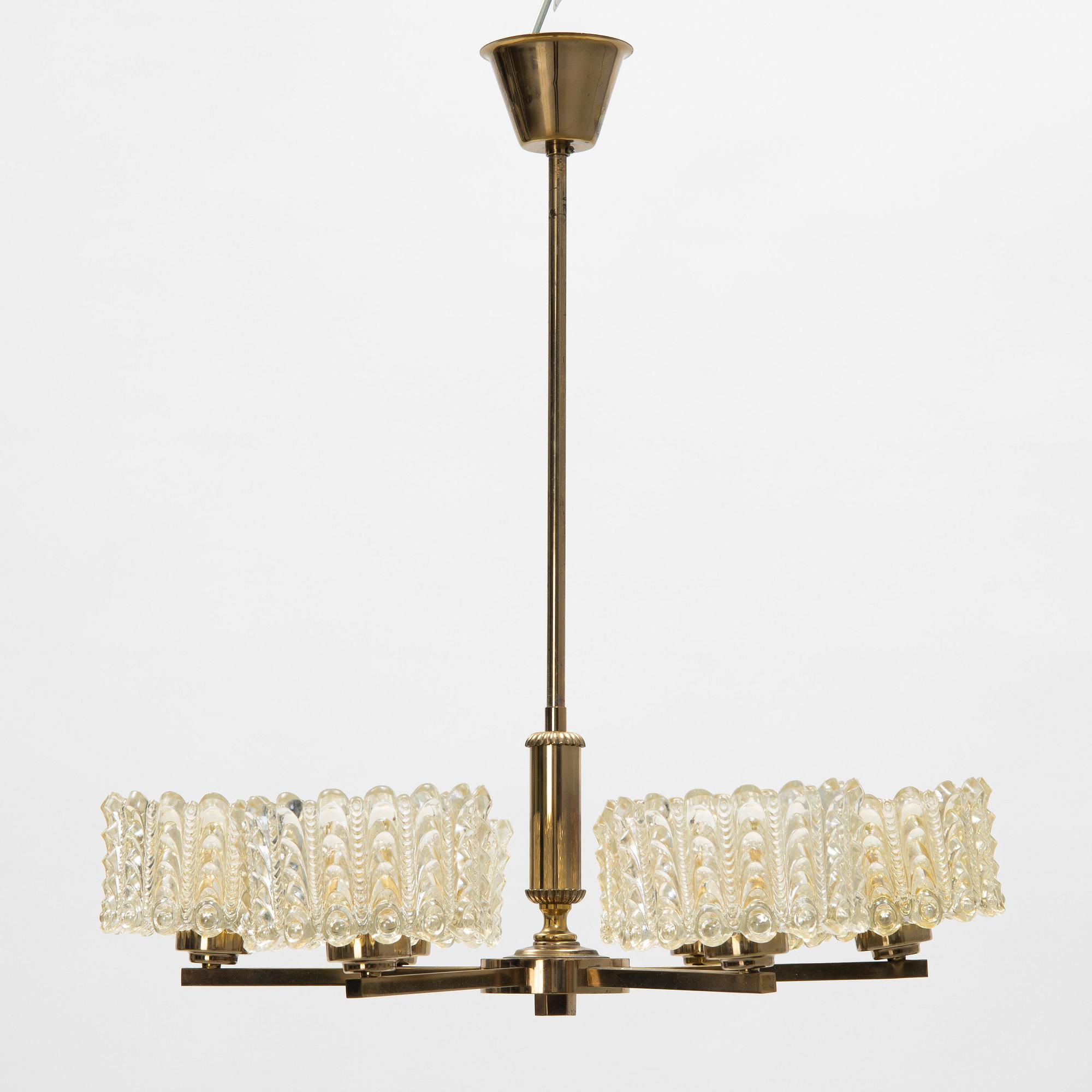 A brass and glass ceiling lamp, second half of the 20th Century.