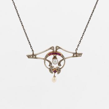 Roset cut diamond, pearl and ruby pendant.