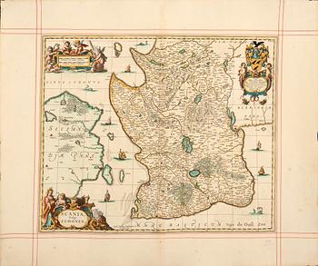 Johannes Janssonius, after, map Scania Sweden, hand colored copper engraving.