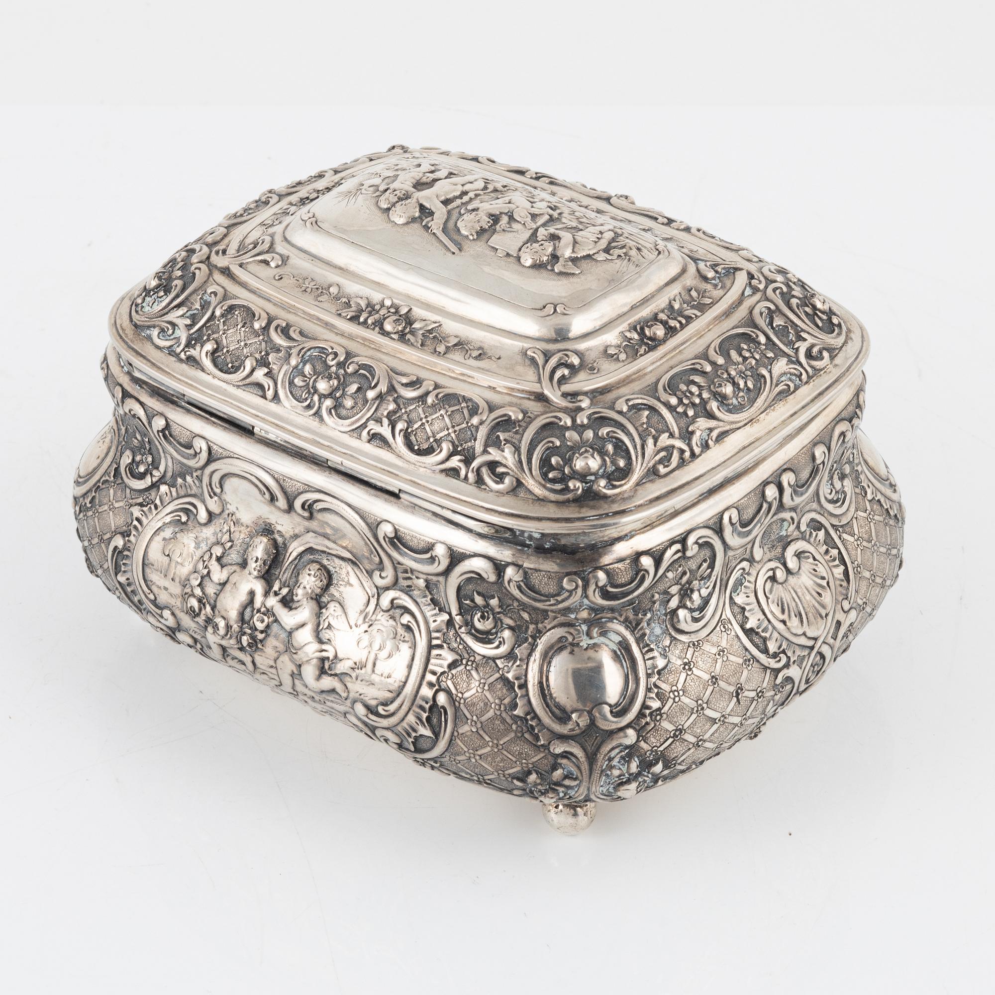 A German Silver 800 Rococo-Style Sugar Box, circa 1900.