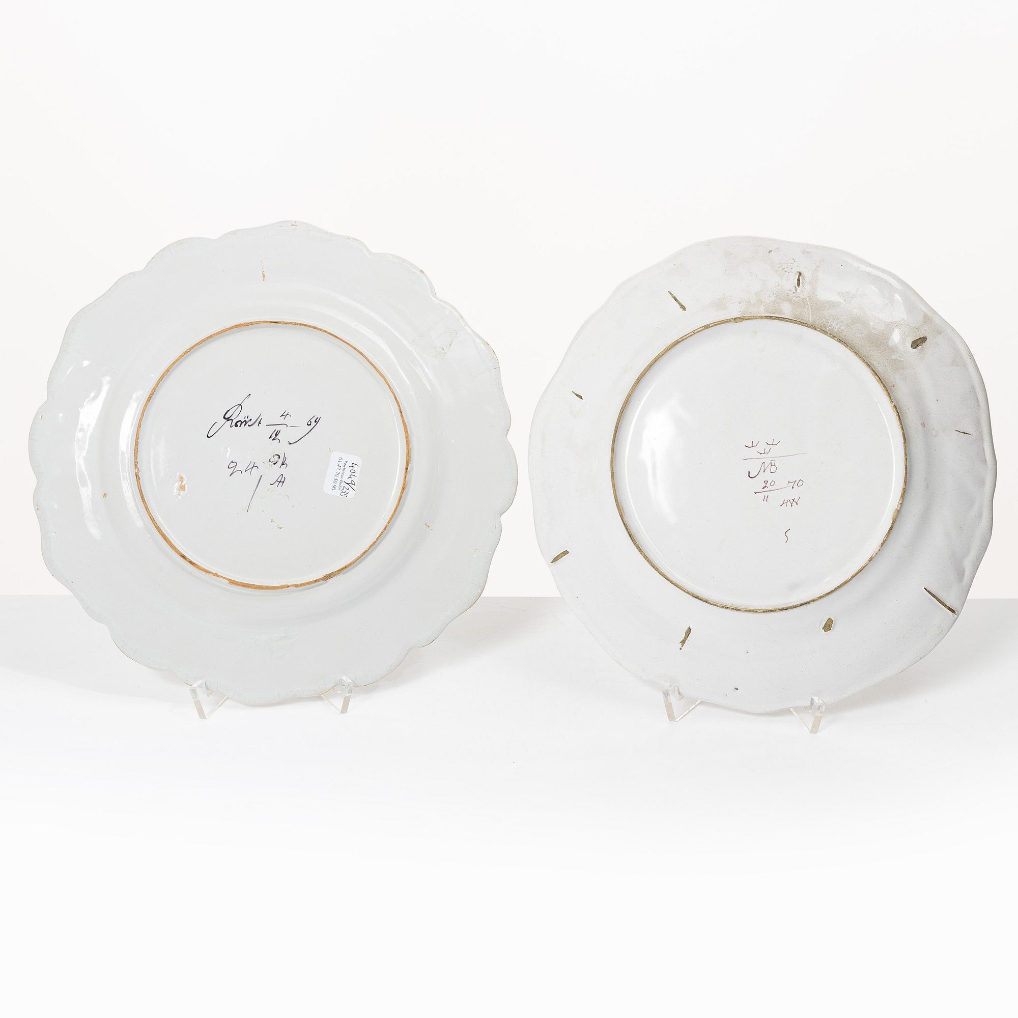 Two Swedish faiance plates, Marieberg and Rörstrand, 1769 and 1770.