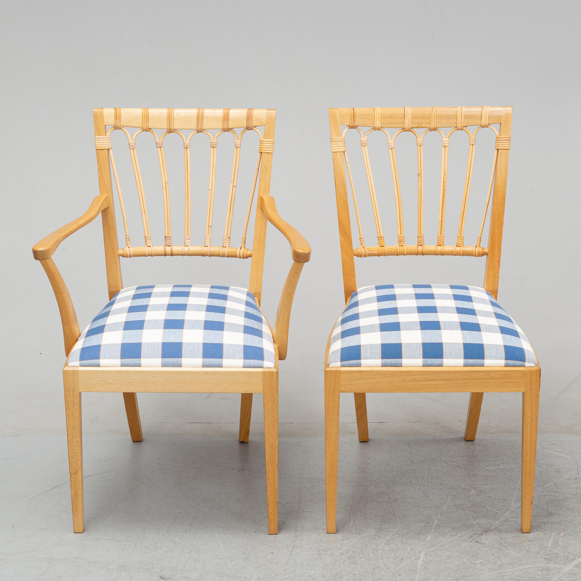 Josef Frank, stolar, modell 1165, 8 st + 2 karmstolar, Firma Svenskt Tenn, formgivna 1946-47.