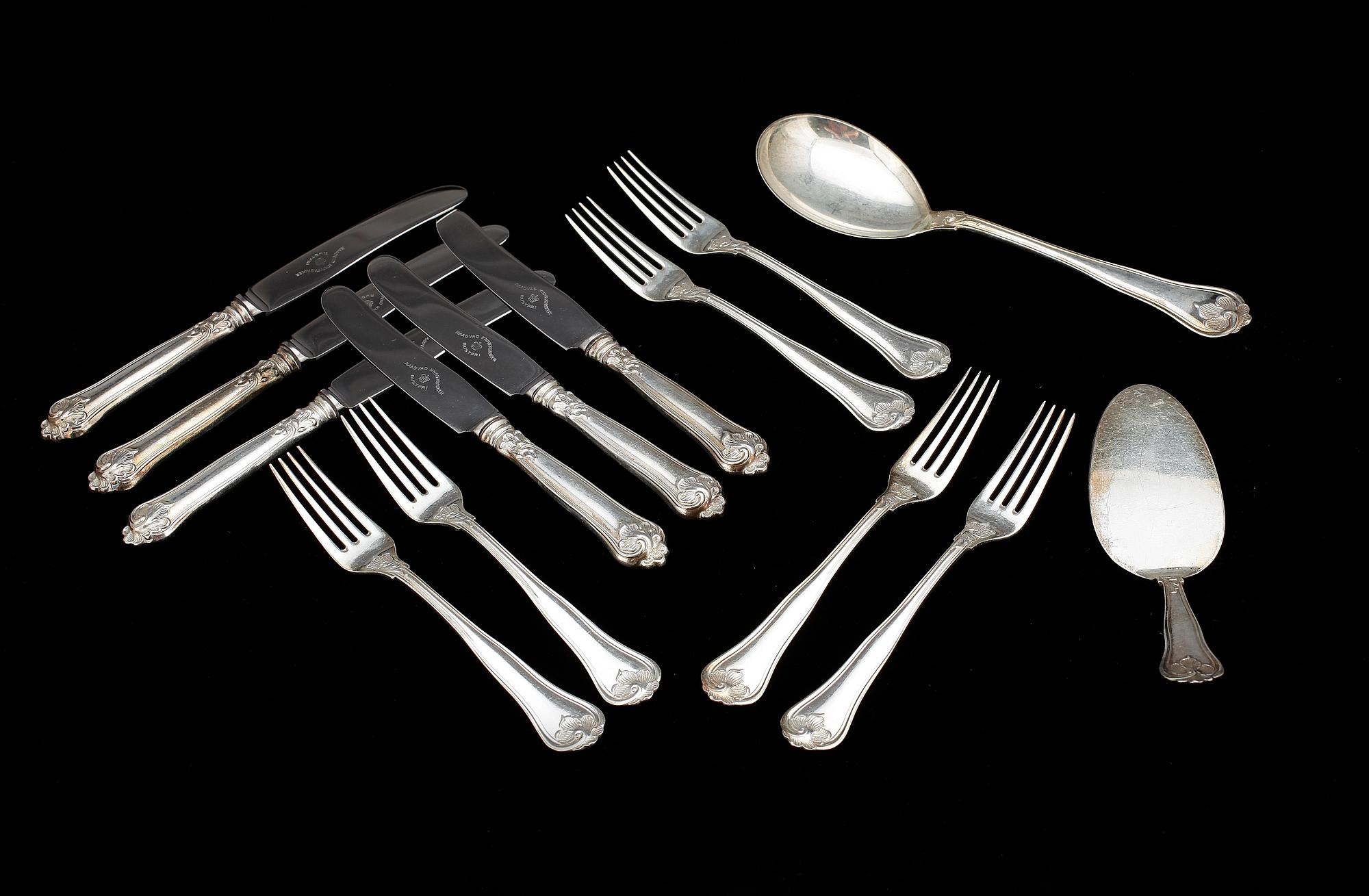 BESTICKSERVISDELAR, 14 st, silver, K G Markströms Guldsmeds AB, Uppsala. 1900-tal. Totalvikt ca 394 g exkl. knivar.