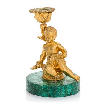 A gilded brass and malachite veneer candle holder, Russia, second half of the 19th century.