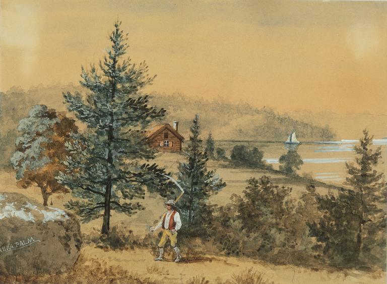Anna Palm de Rosa, Lake landscape with a man with a scythe.