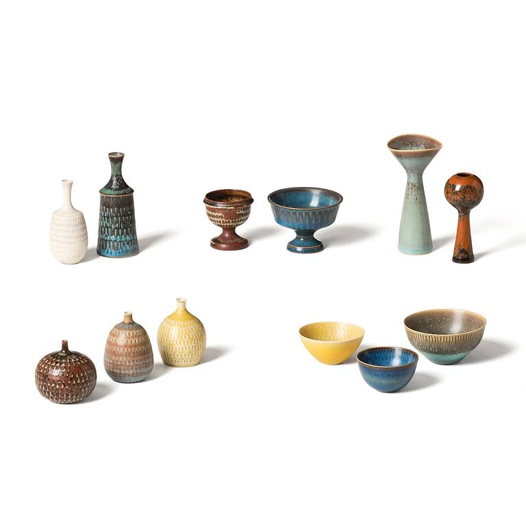 Stig Lindberg, a set of 7 stoneware miniature vases and 5 bowls, Gustavsberg Studio, Sweden, 1955-68.