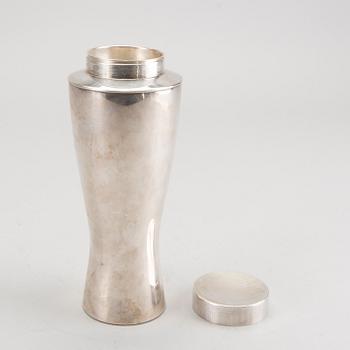 A set of 12 silver plated cocktail glasses and a shaker mark By CG Hallberg Stockholm mid 1900s.