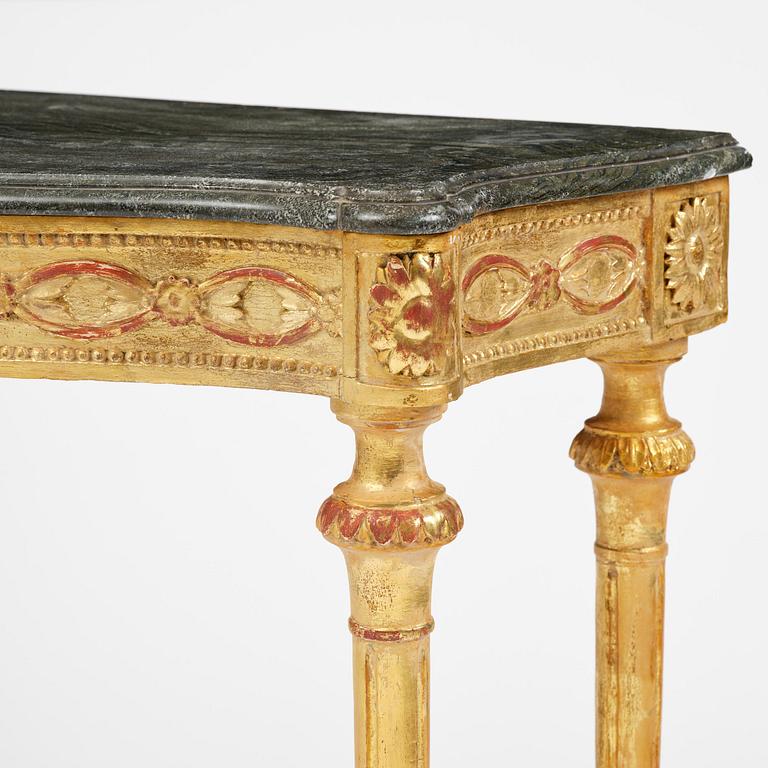 A Gustavian giltwood and Kolmårdsmarble-top console table, Stockholm, late 18th century.