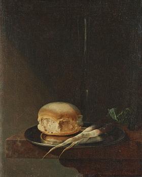 838. Dutch school 17/18th Century. Still life with bread and vegetables on a tin plate.