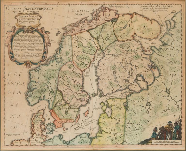 Caspar Dankwerth & J Meyer, karta Skandinavien, handkolorerat kopparstick, Husum 1652.