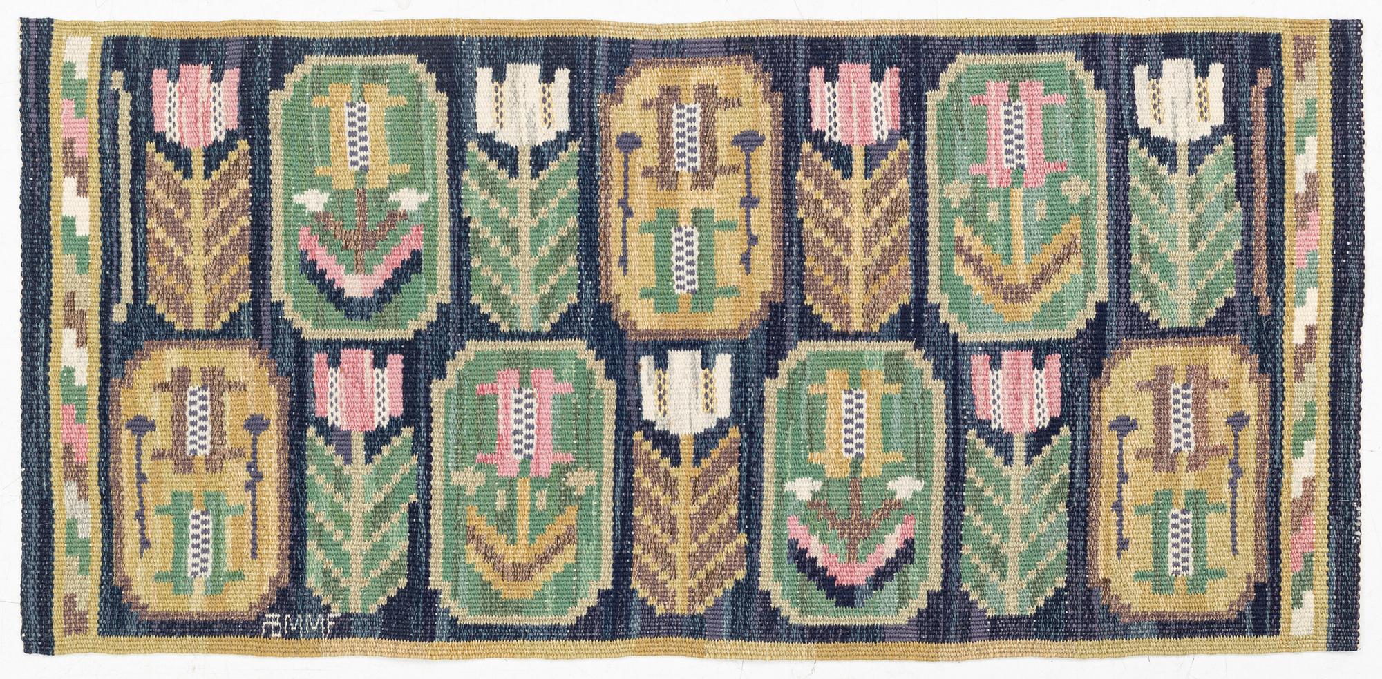 Märta Måås-Fjetterström, a flat weave textile, 'Medaljongerna',c. 41 x 87 cm, signed AB MMF.