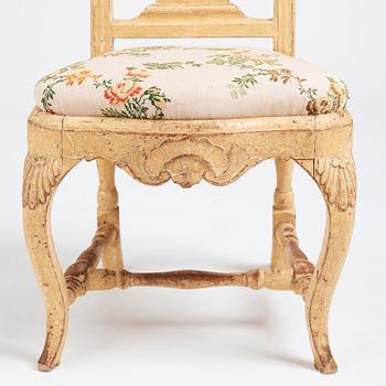 A set of five (3+2) rococo chairs attributed to J. E. Höglander (master in Stockholm 1777-1813).