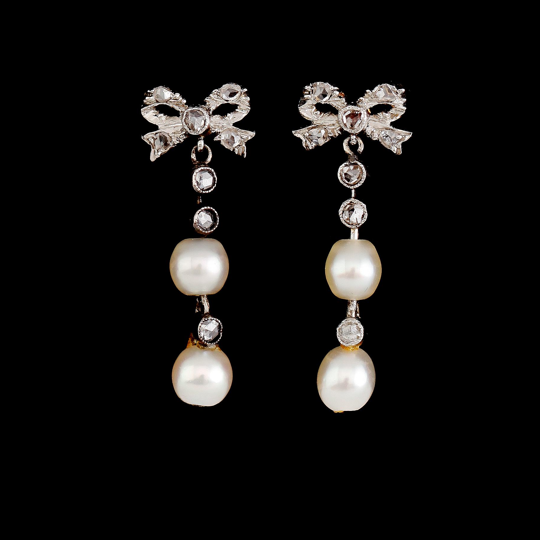 ÖRHÄNGEN, ett par, guld/silver, 8 rosenslipade diamanter samt orientaliska pärlor, 1900-talets första hälft.