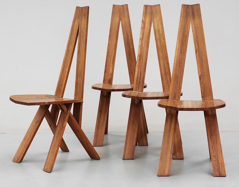 A set of four elm dinning chairs by Pierre Chapo, France 1960's.