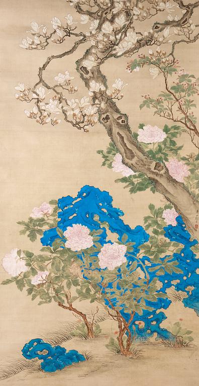 A large hanging scroll of flowering magnolias and peonies, by an unidentified artist, late Qing dynasty (1644-1912).