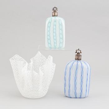 An Italian glass bowl and two bottles with stoppers, unsigned.