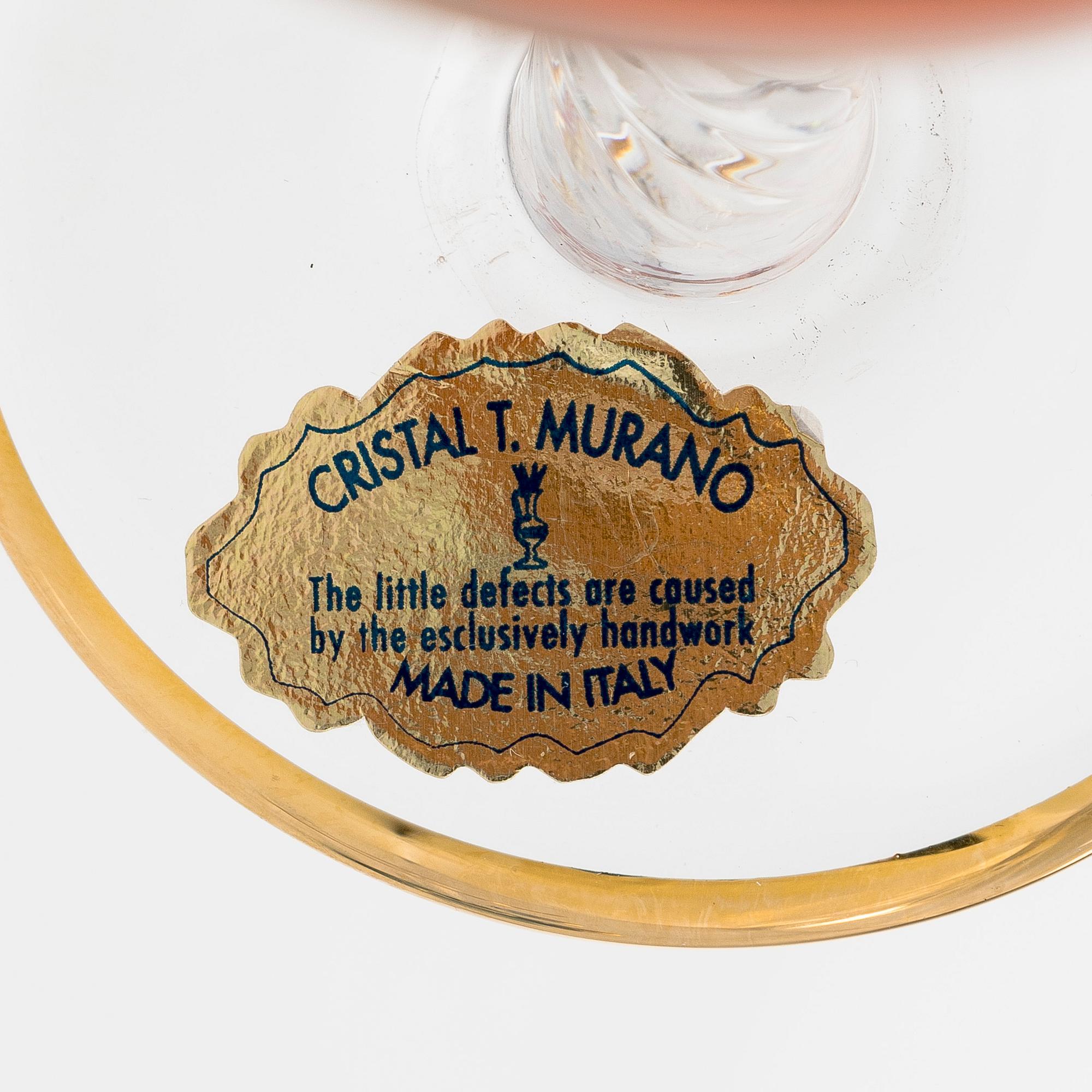 A set of six late 20th century Murano glasses, Italy,.