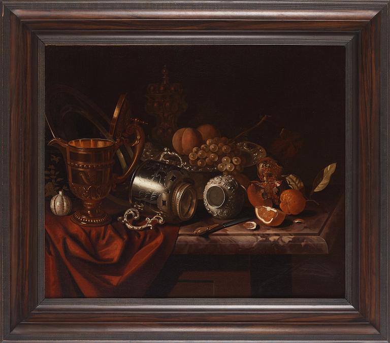 Pieter Gerritsz. van Roestraten, Still lite with objects of silver, fruits and a knife.