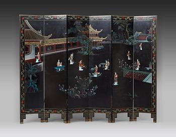 A Chinese six fold screen, late Qing dynasty (1644-1912).