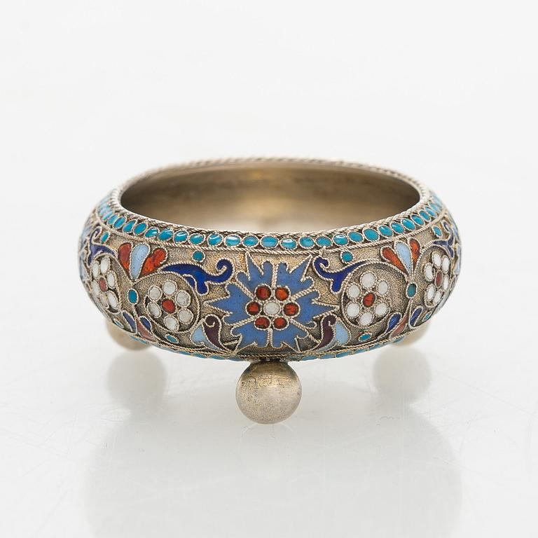 A silver parcel-gilt, cloisonné enamel salt cellar, 1890s.