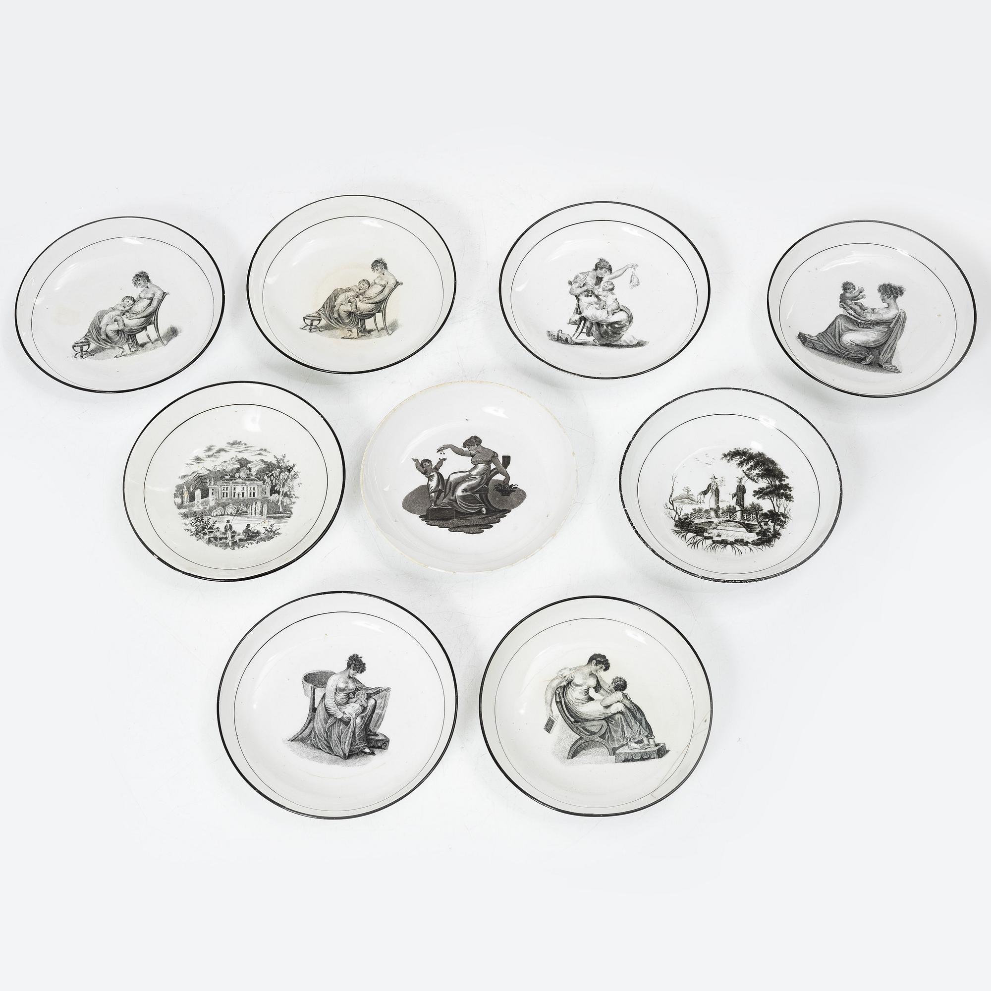 Koppar med fat, 9 st, empire, 1800-talets första hälft.