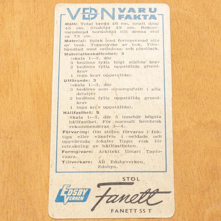Ilmari Tapiovaara, stolar, 7 st "Fanett", Edsbyverken.