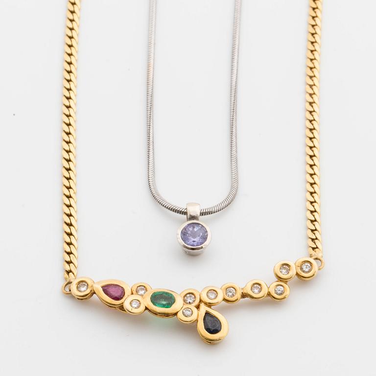 NECKLACE 18K gold, diamonds, ruby, emerald and sapphire. Tanzanite pendant with chain.
