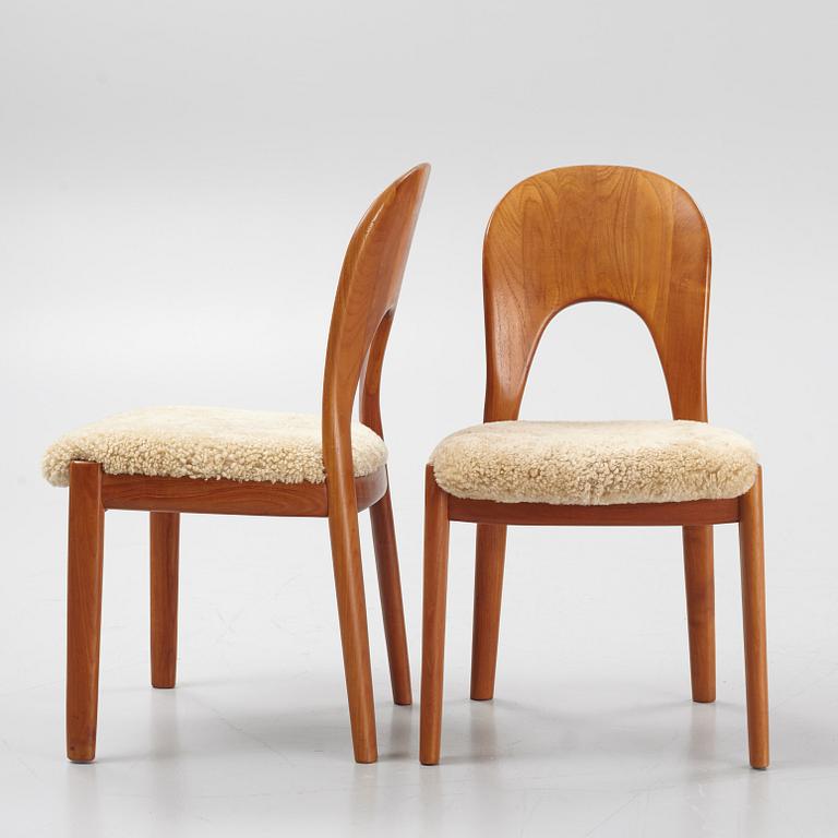 Niels Koefoed, six teak dining chairs upholstered in new sheep skin, Denmark, 1960's.