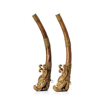 883. A pair of  Buddhist Ritual Tibetan ceremonial dragon horns/trumpets, 19th century.