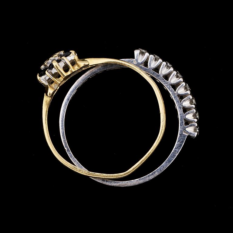 RINGAR, 2 st, 18k vitguld med 8 briljantslipade diamanter, tot 0.20 ct resp 18k guld med 6 safirer samt en diamant. 5 g.