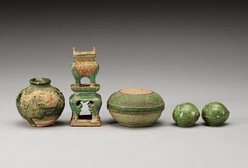 A group of five green glazed vessels, Ming dynasty, 17th Century.