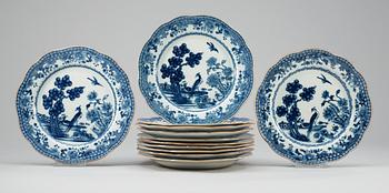 A set of twelve blue and white dinner plates, probably late Qing dynasty.