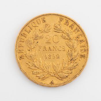 A French gold coin, Louis Napoleon, 20 Francs 1852.