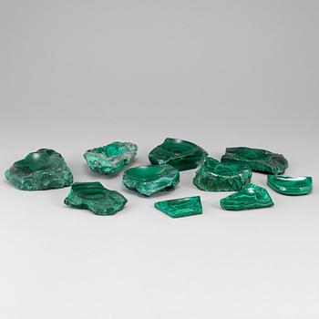 Ten 20th century malachite dishes.