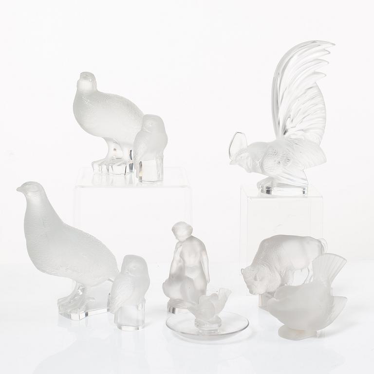9 glass figurines, Lalique, France.