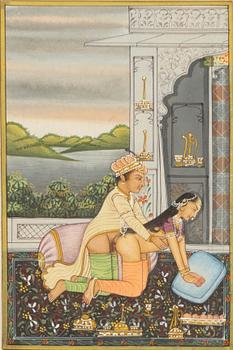 Unidentified artist, Erotic scenes in palace setting, India, 20th century. Three pieces.