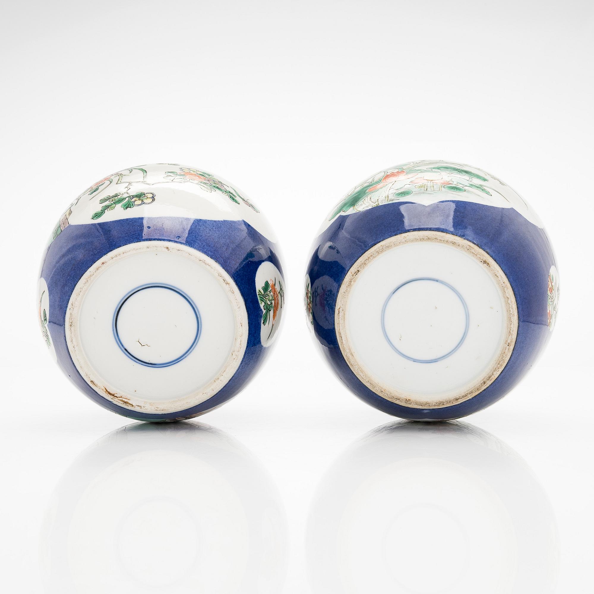 A pair of famille verte jars with covers, China mid 20th century.