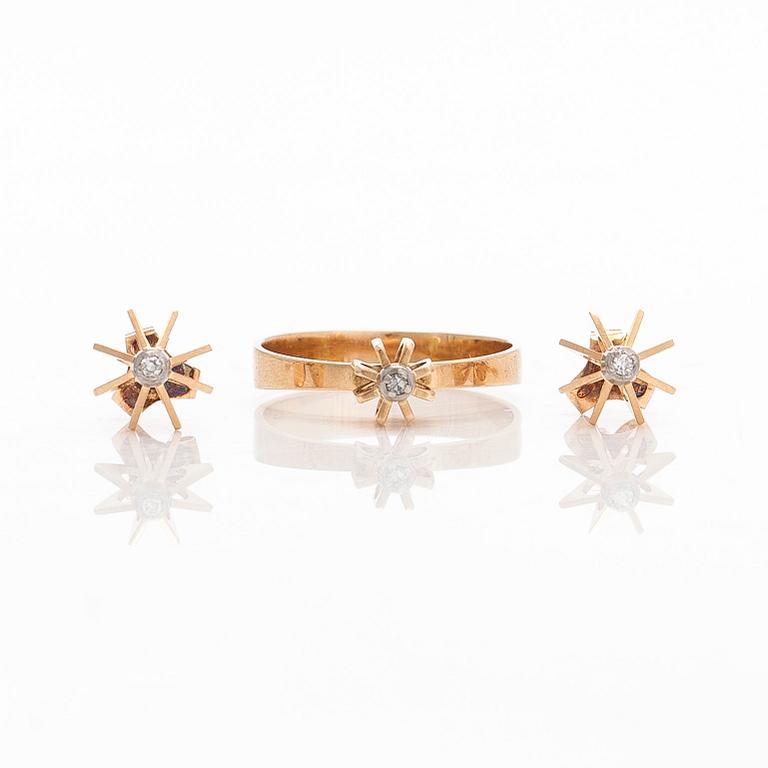 Elis Kauppi,  a pair of earrings and ring, 14K gold and diamonds. Kupittaan Kulta, Turku.