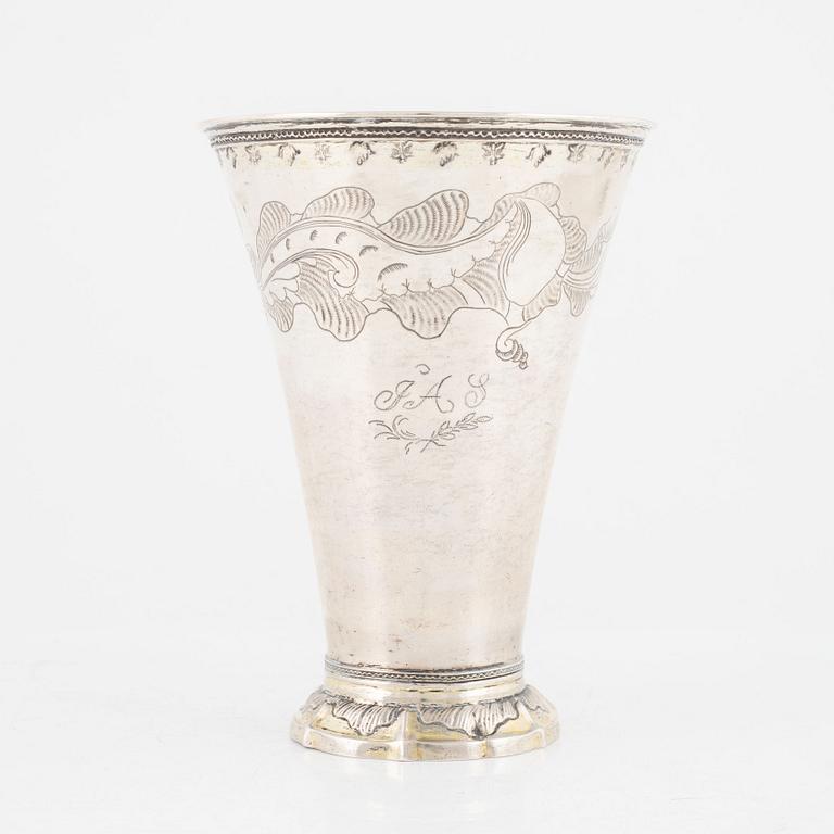 A Swedish 18th century parcel-gilt beaker, mark of Petter Julin, Köping 1765.