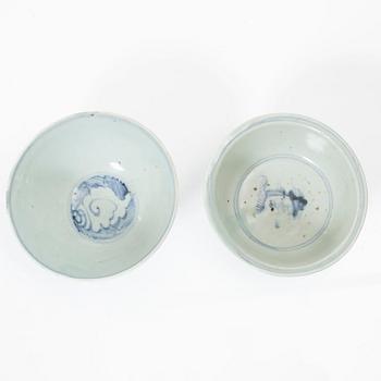 A group of four blue and white porcelain bowls, made for the Southeast Asian market, Ming and Qing dynasty.