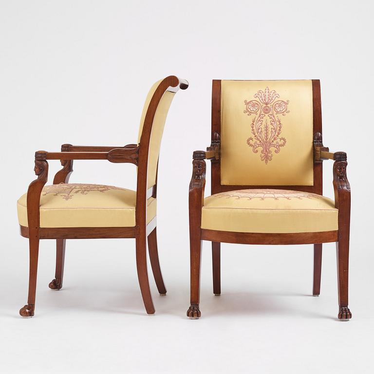 A set of four mahogany fauteuils in the manner of Jacob-Desmalter, Paris, early 19th century.