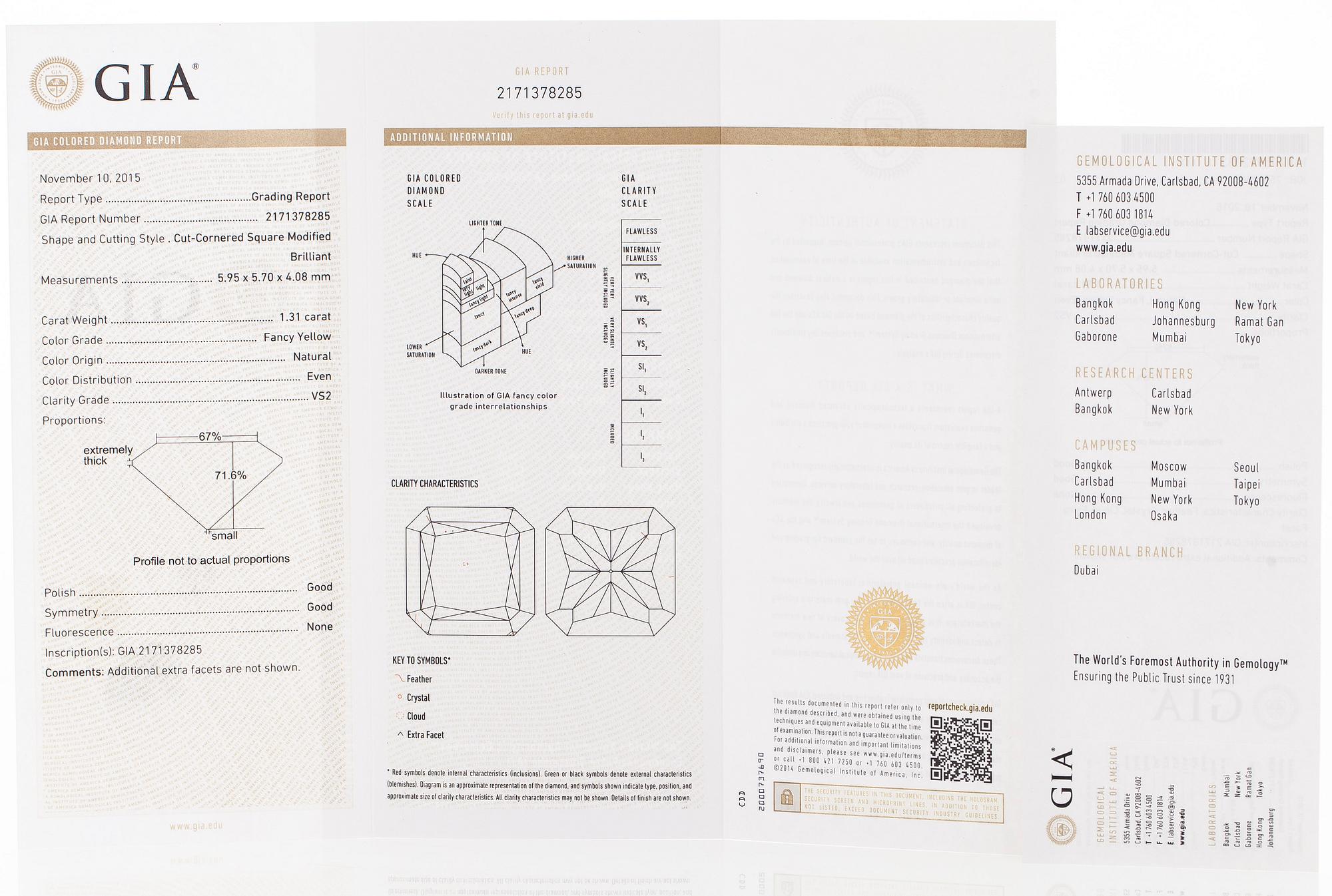 platinum ring with yellow radiant-cut diamond and brilliant cut diamonds.