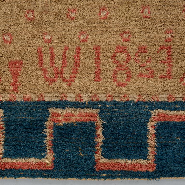 A RYA BED COVER, possibly signed I W, dated 1823, ca 170-176,5 x 136,5-141,5 cm.