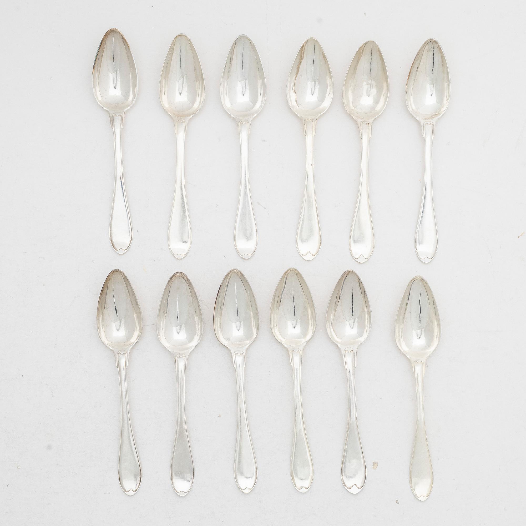 Twelve Swedish silver spoons, mark of Petter Adolf Sjöberg, Stockholm, 1819–1820.