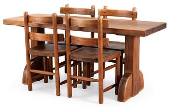 An Axel-Einar Hjorth stained pine dinner suite 'Sandhamn', comprising a table with 4 chairs, NK, ca 1929.