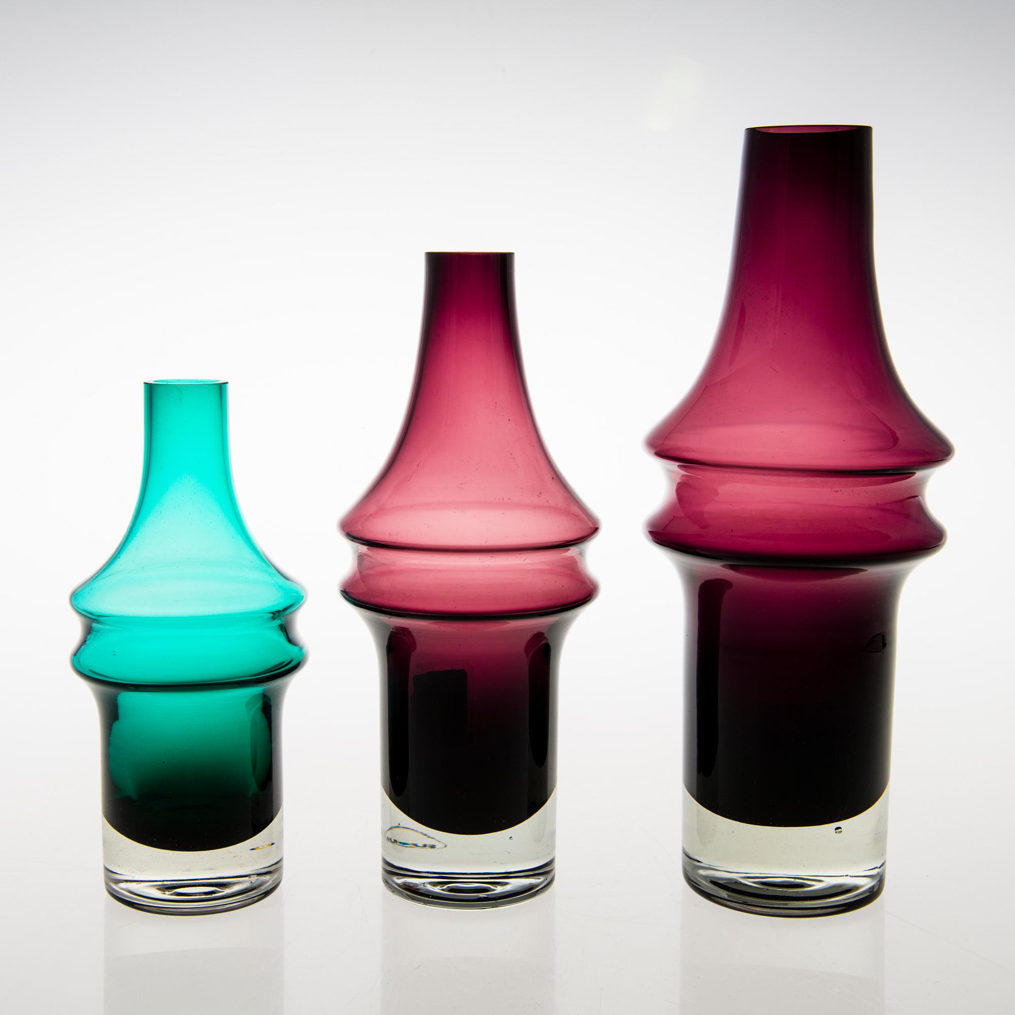 TAMARA ALADDIN, Three glass vases, model 1464, Riihimäen Lasi 1967. Design year 1965.
