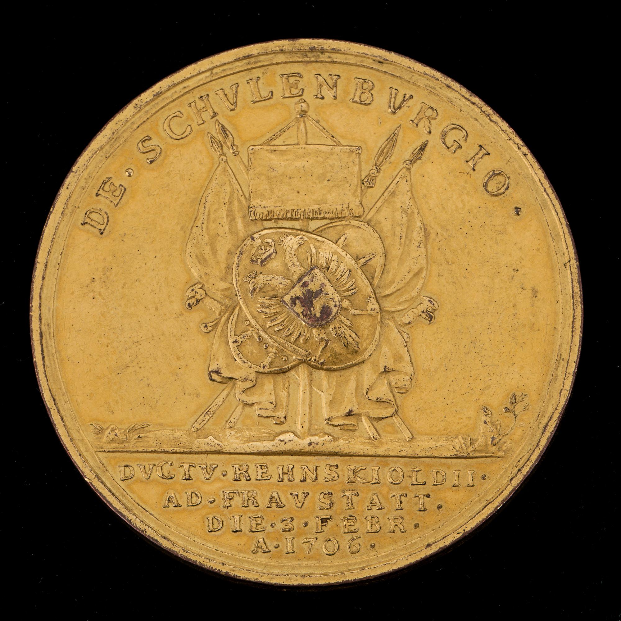 A gilded medal in memory of the battle at Fraustadt 1706 with the portrait of the Swedish King, Karl XII.